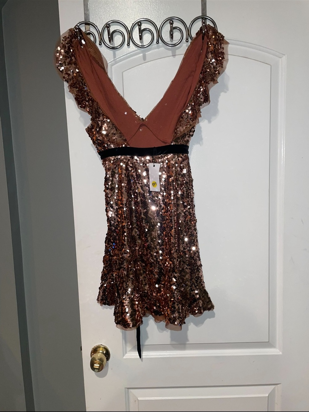 New! Free People Sequin V-Neck Mini Dress in Rose Gold Black Tie Back 🪩 XS NWT! - Picture 6 of 7